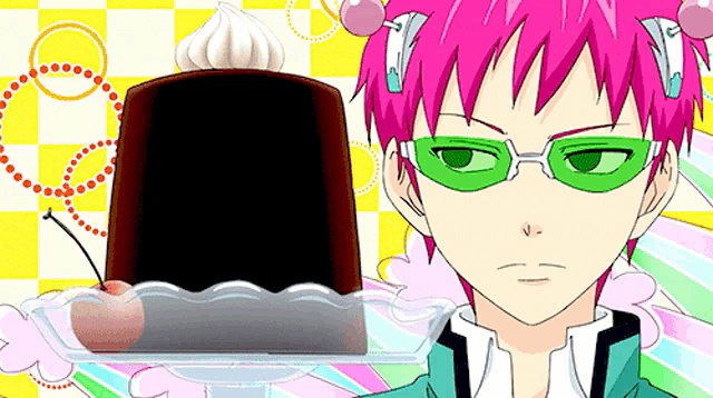 a cartoon character with pink hair and green glasses is standing next to a cake