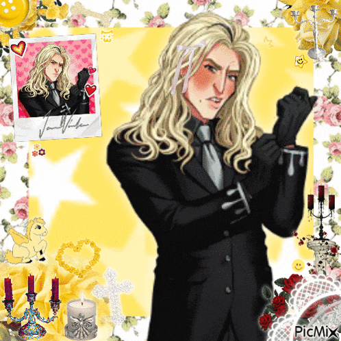 a picture of a man with long blonde hair is surrounded by flowers and picmix