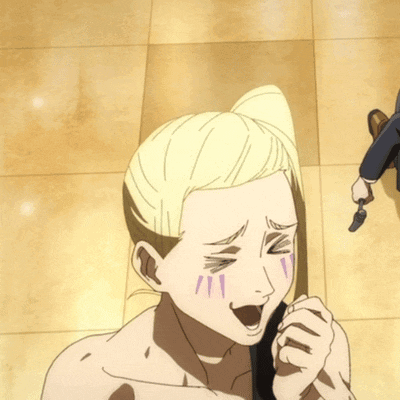 a cartoon character with blonde hair and a ponytail is smiling