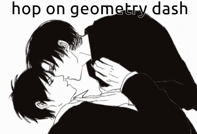 a black and white drawing of two men with the words hop on geometry dash on the bottom