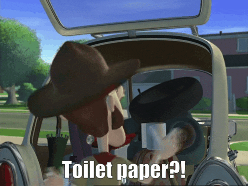 woody and buzz lightyear in a car with the words toilet paper written below them