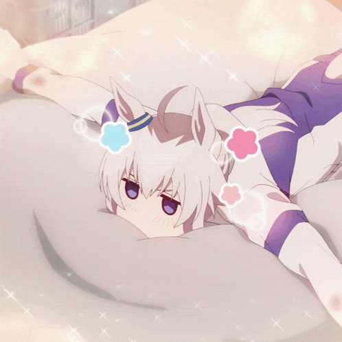 a cartoon character is laying on a pillow with flowers on her head