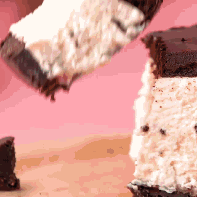 a close up of a slice of cake on a table