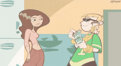 a cartoon character wearing sunglasses is holding a dollar bill and a gold dollar sign necklace