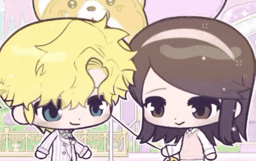 a boy and a girl are standing next to each other in a cartoon drawing .