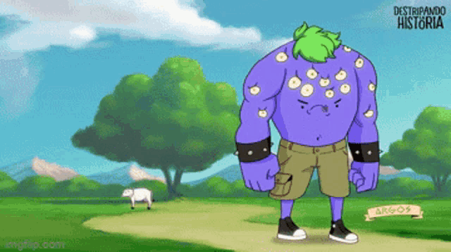 a cartoon character is standing in a field with a sign that says " destropando historia " on it