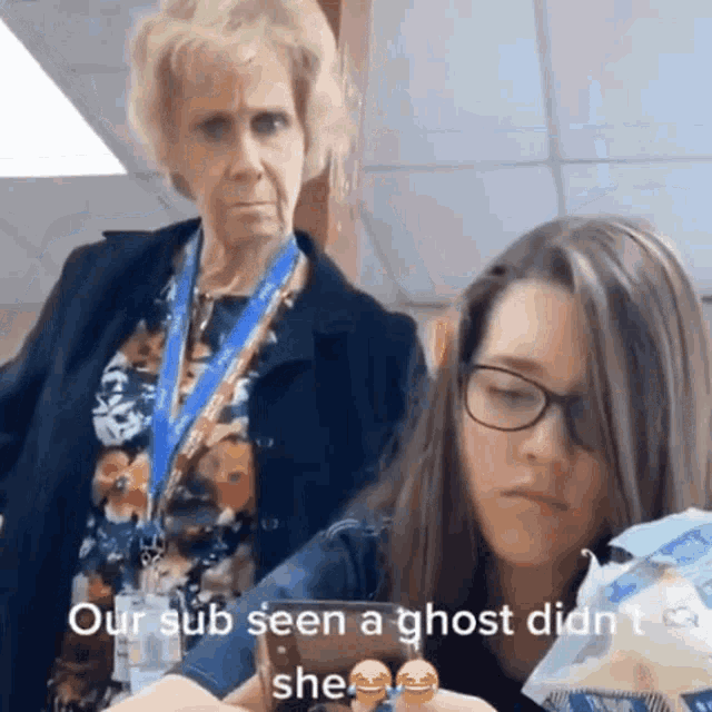 a woman holding a bag of chips says " our sub seen a ghost did n't she "
