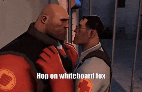 a cartoon of two men with the words hop on whiteboard fox below them
