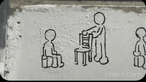 a black and white drawing of a group of people sitting on a bench on a wall .