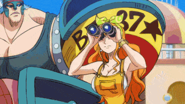 a woman is looking through binoculars in front of a sign that says b37