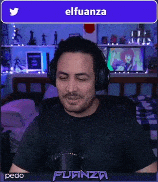 a man wearing headphones is sitting in front of a microphone with the name elfuanza on the bottom of the screen