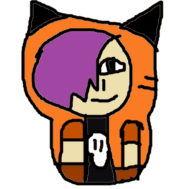 a drawing of a person with purple hair and a skull on their chest