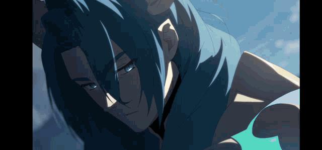 a close up of a person with long blue hair