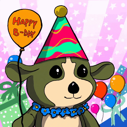 a stuffed animal wearing a party hat holds a balloon that says happy b-day