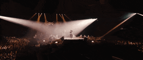 a group of people are standing on a stage in front of a crowd of people