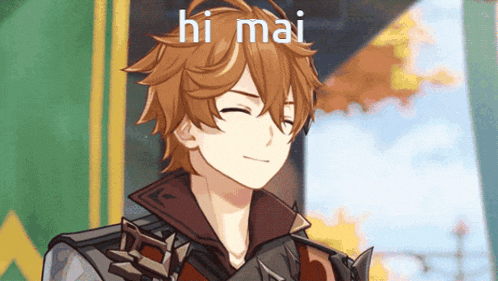 a cartoon character with the word hi mai written on his face