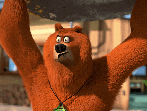 a cartoon bear is holding a rock over his head and wearing a necklace with a tree pendant