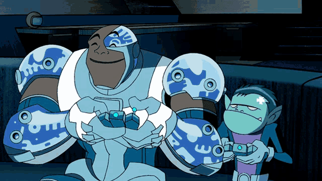 cyborg and beast boy from teen titans go are sitting next to each other