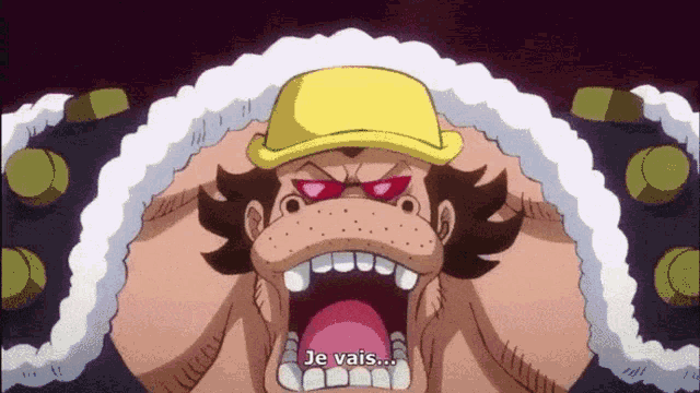 a cartoon character with a yellow hat and red glasses says je vais