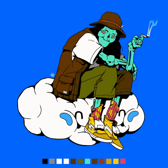 a cartoon drawing of a skeleton smoking a cigarette