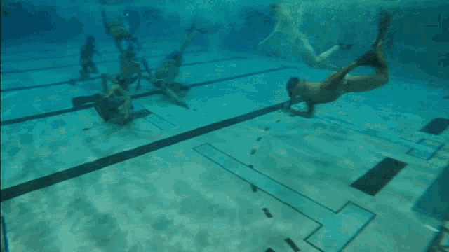 a group of men are swimming in a pool and one of them is wearing a swim cap that says ' a ' on it