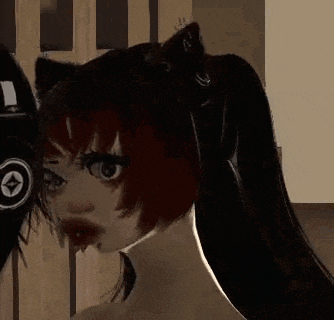 a close up of a person 's face with a cat ear and a ponytail .