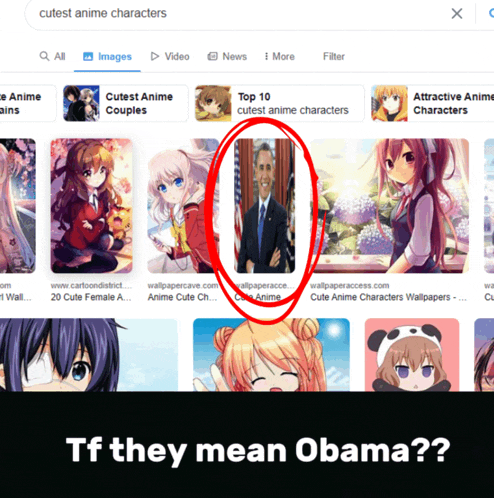 a google search for cutest anime characters has obama circled in red