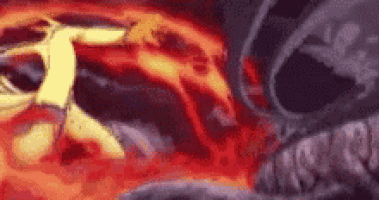 a close up of a person standing in front of a fireball in a painting .