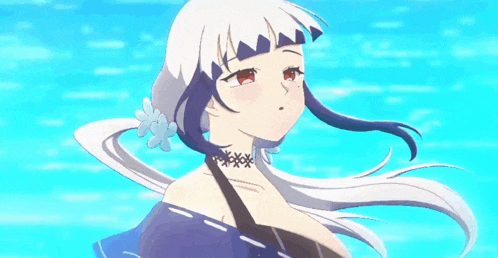 a girl with long white hair and red eyes is standing in the water .