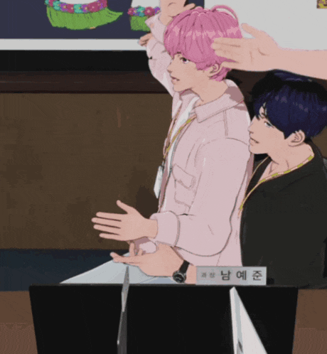 a cartoon drawing of a man with pink hair