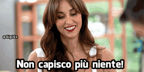 a woman is smiling with the words non capisco più niente below her