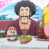 a man with a beard is sitting at a table with a dog and a bowl of food