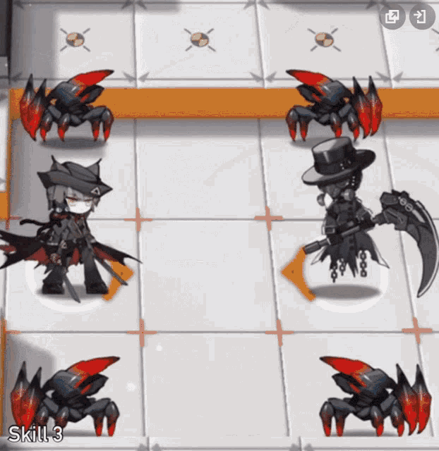 a screenshot of a video game shows a character with a scythe and a crab with red claws