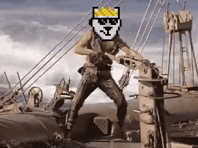 a pixel art of a man wearing a crown and sunglasses standing on top of a boat .