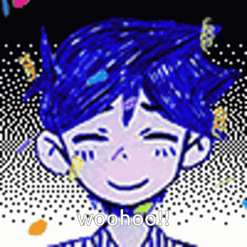 a pixel art of a boy with blue hair and the words woohoo