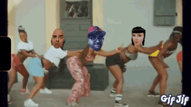 a group of people are dancing in front of a building and the words gif jif are on the bottom right