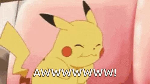a cartoon pikachu is sitting on a pink pillow and saying awwwwww !
