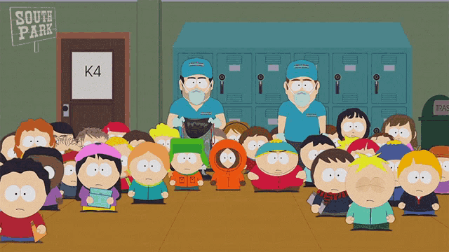 a group of south park characters are gathered in front of lockers