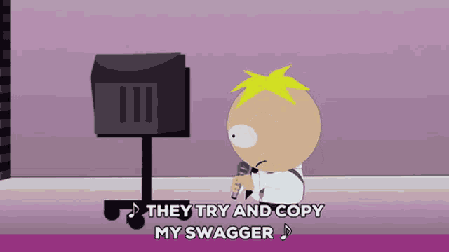 a cartoon character singing into a microphone with the words " they try and copy my swagger "