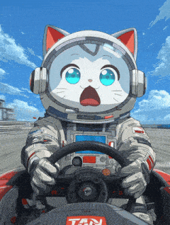a cat in a space suit is driving a car with a tan logo on the steering wheel