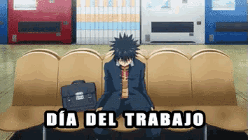 a man is sitting on a couch with a briefcase and the words dia del trabajo written below him