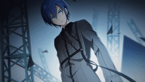 a blue haired anime character is standing in front of a blue background