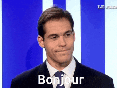 a man in a suit and tie says bonjour in front of a blue and white background