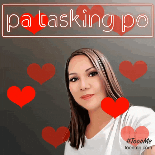a woman is surrounded by red hearts and a sign that says pa tasking pa