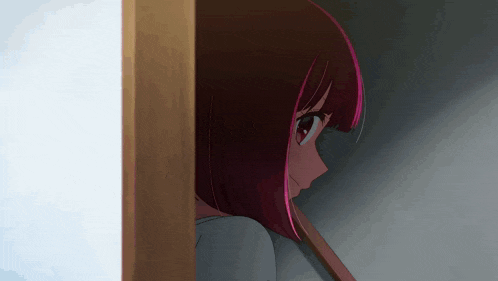 a girl with red hair is peeking out from behind a wall