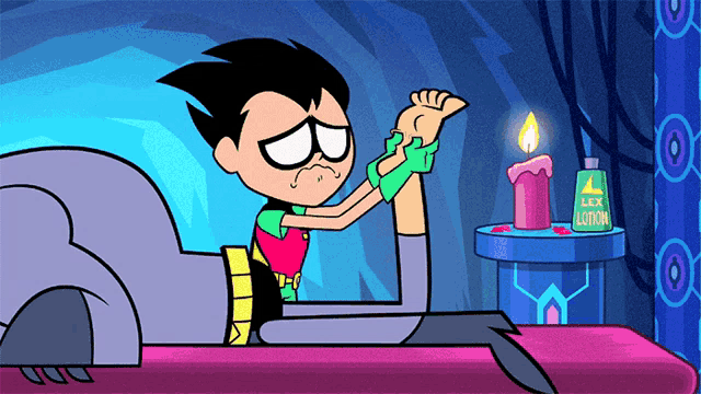a cartoon character is laying on a bed next to a candle and a bottle of lex lotion