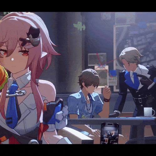 a group of anime characters are gathered around a table with a cell phone taking a picture