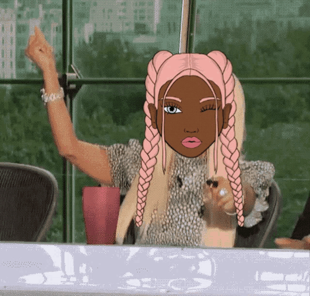 a cartoon drawing of a woman with braids and pink hair giving the middle finger