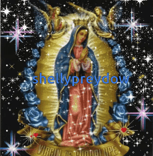 a painting of the virgin of guadalupe with the name shellypreydow