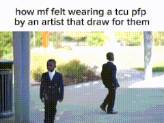 two boys in suits are walking down a sidewalk with a caption that says how mf felt wearing a tcu pfp